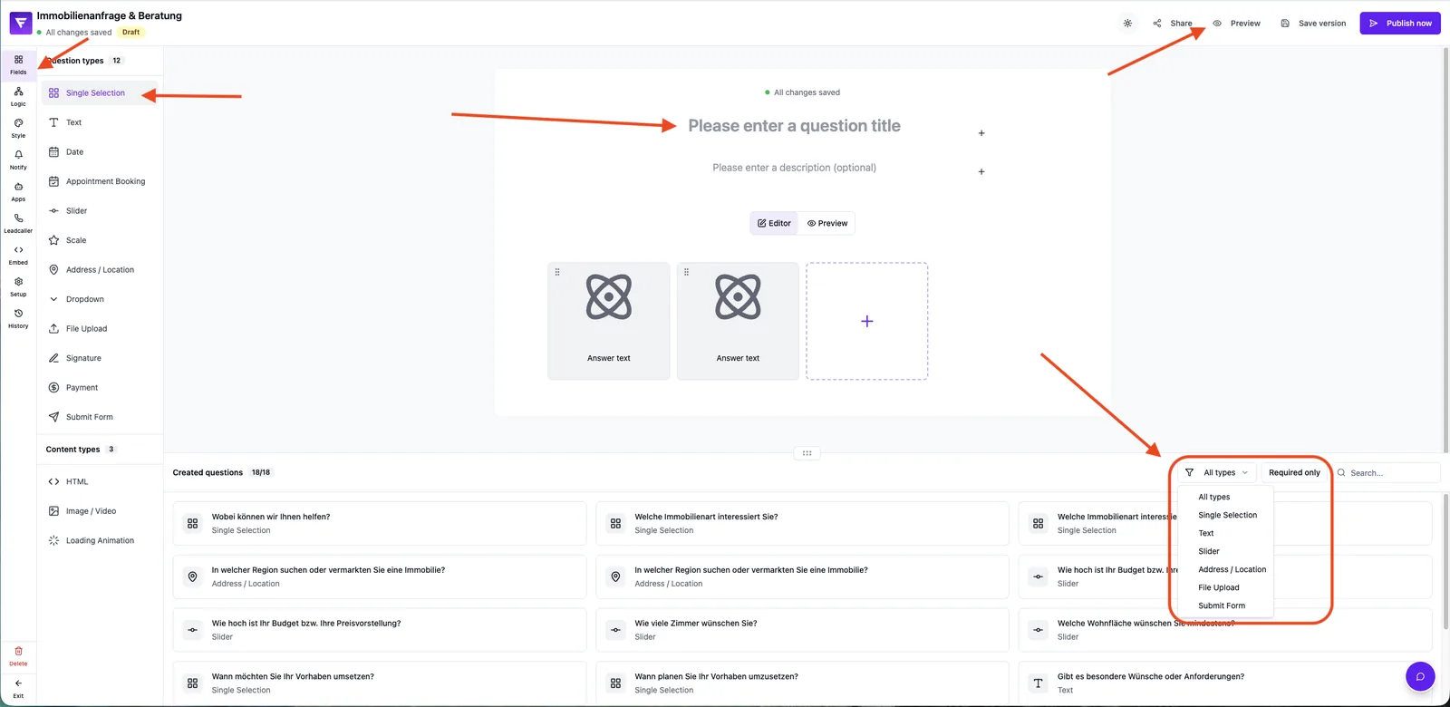 Form editor: Single Selection, question title, Preview and the “All types” filter of created questions marked