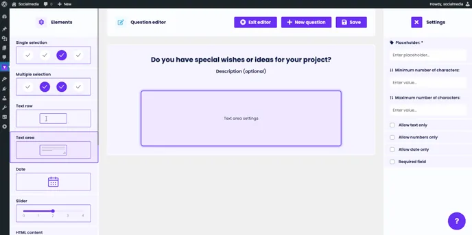 Question editor: text area settings with placeholder, character limits and input restrictions