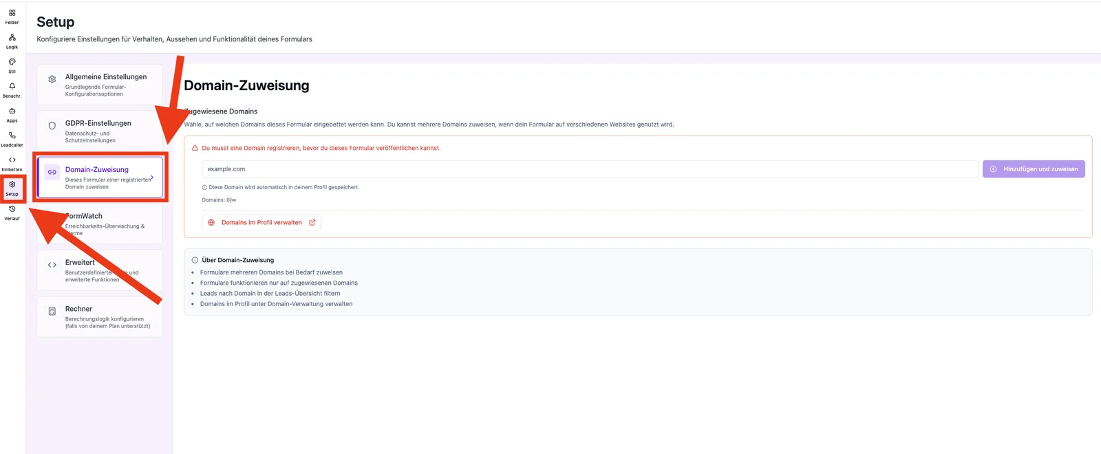 Setup → Domain-Zuweisung mit Eingabefeld „example.com“ und Link „Domains im Profil verwalten“