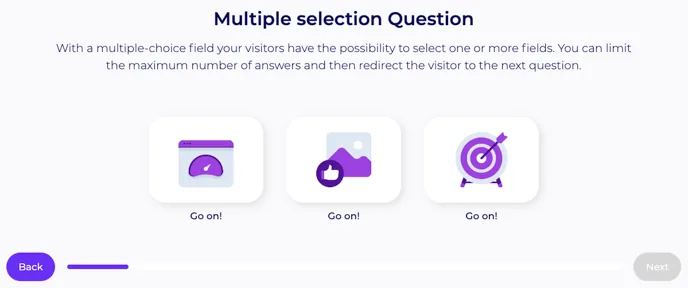 Example of a multiple selection question with three answer tiles and a progress bar