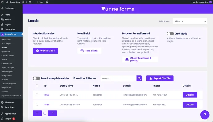 Funnelforms Pro → Leads: list with sample leads (Jane Doe, John Doe) and the Export CSV file button