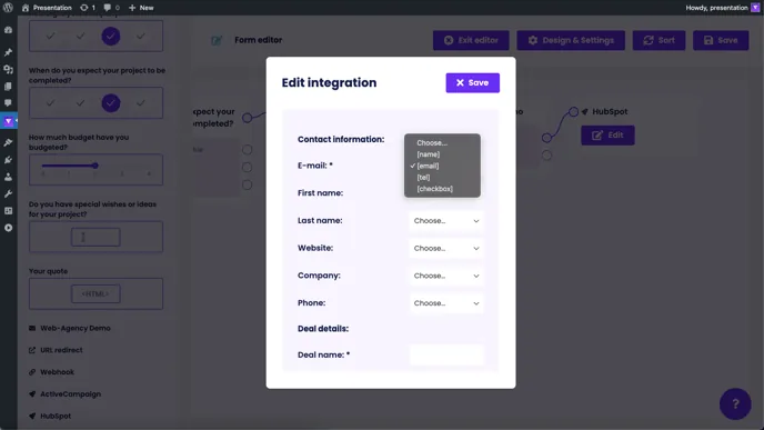 “Edit integration” dialog for HubSpot: mapping contact fields and deal details