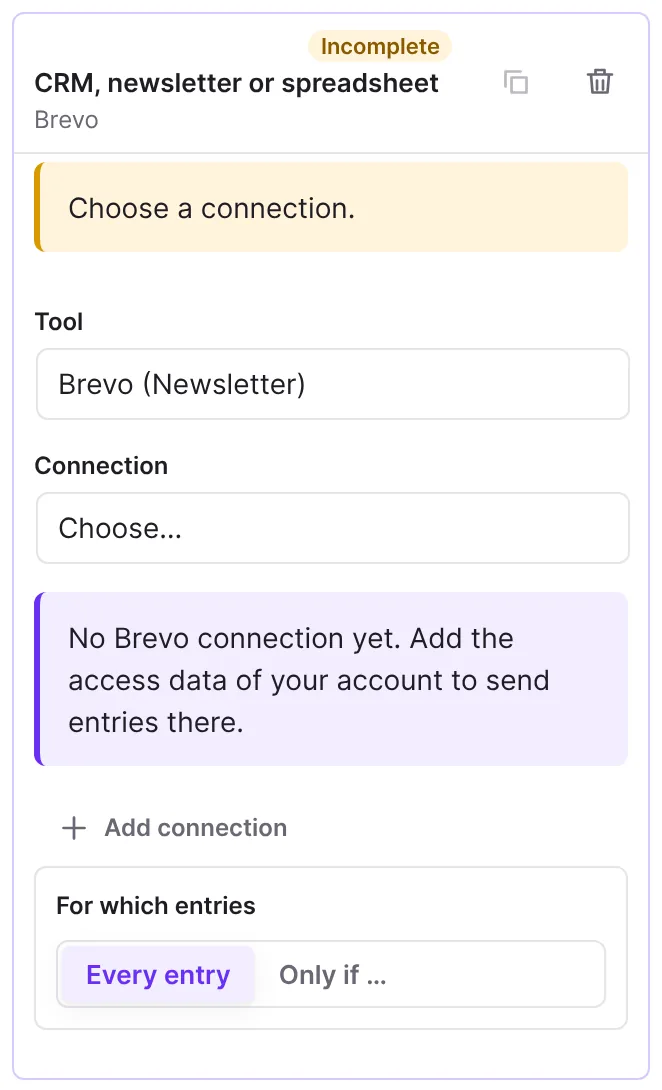 CRM, newsletter or spreadsheet action with the Brevo tool