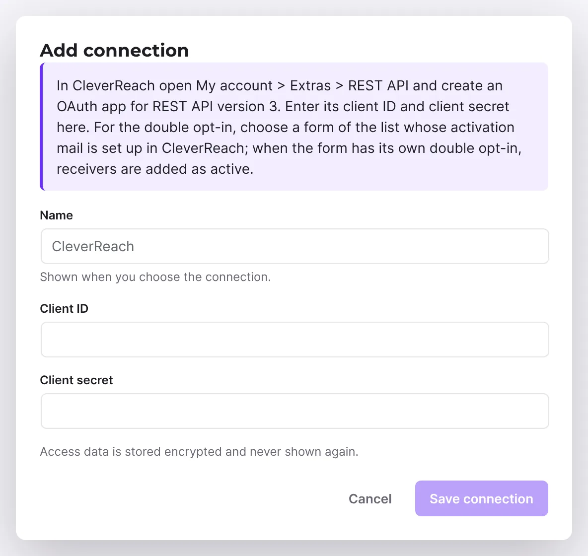 Client ID and client secret fields, empty