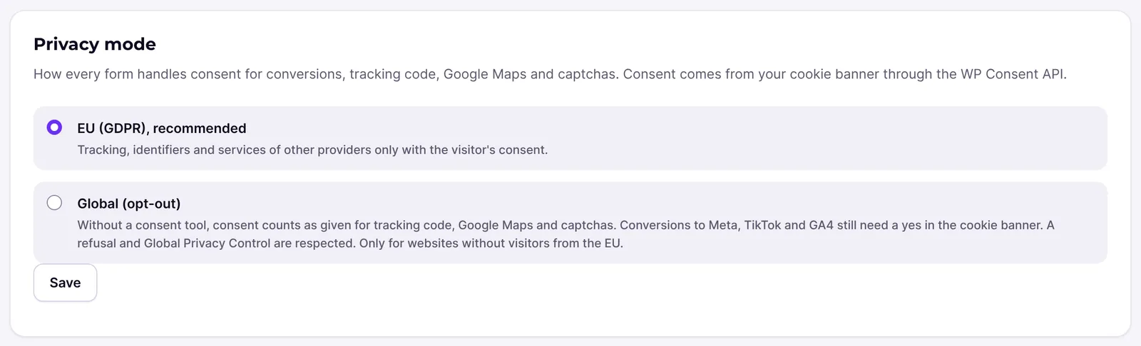 Privacy mode card with EU (GDPR), recommended