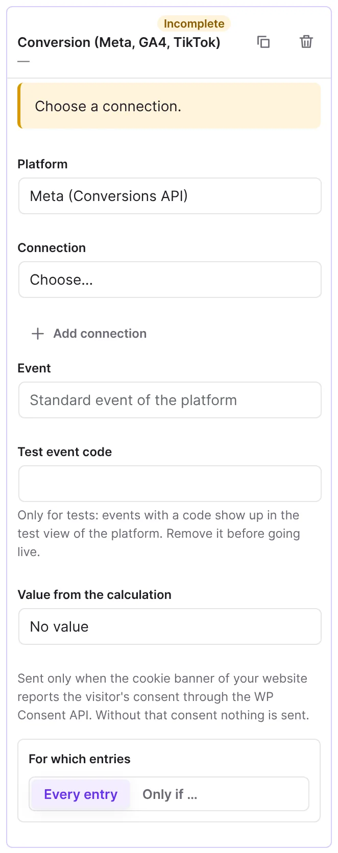 Conversion action with platform and connection