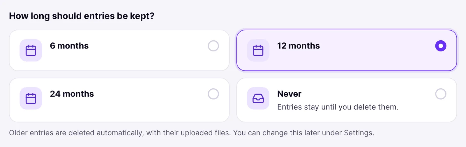 Retention choice in the setup assistant