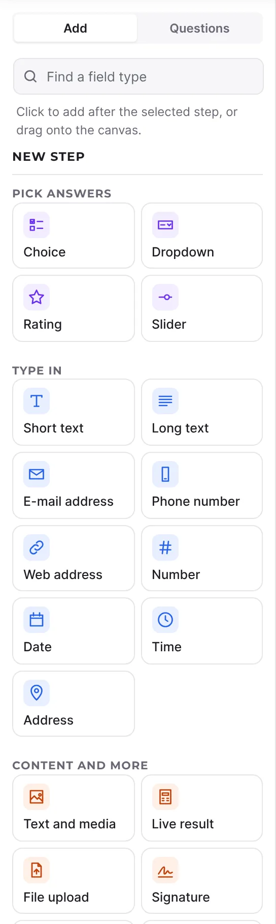 Add tab with New step and Search field type
