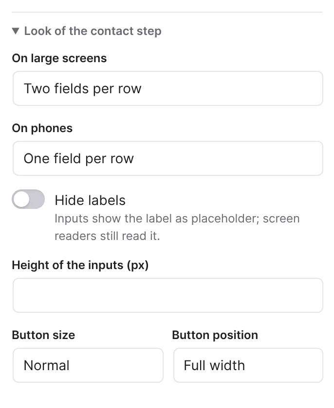 Look of the contact step with fields per row