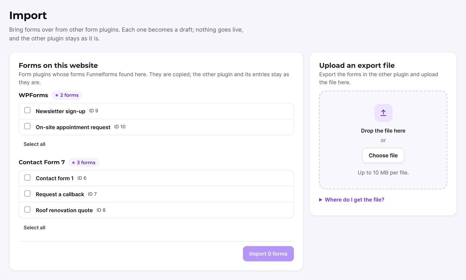 Import page with forms found from other plugins