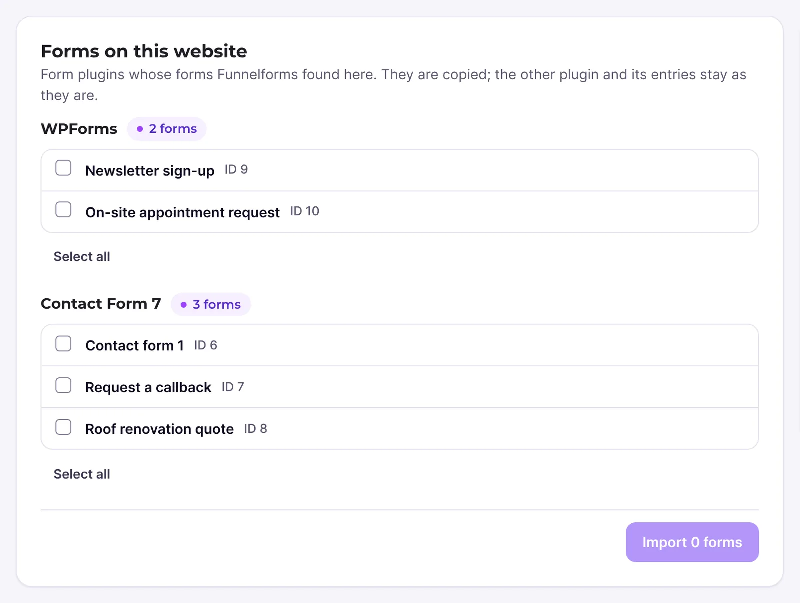 Contact Form 7 and WPForms forms ready to import