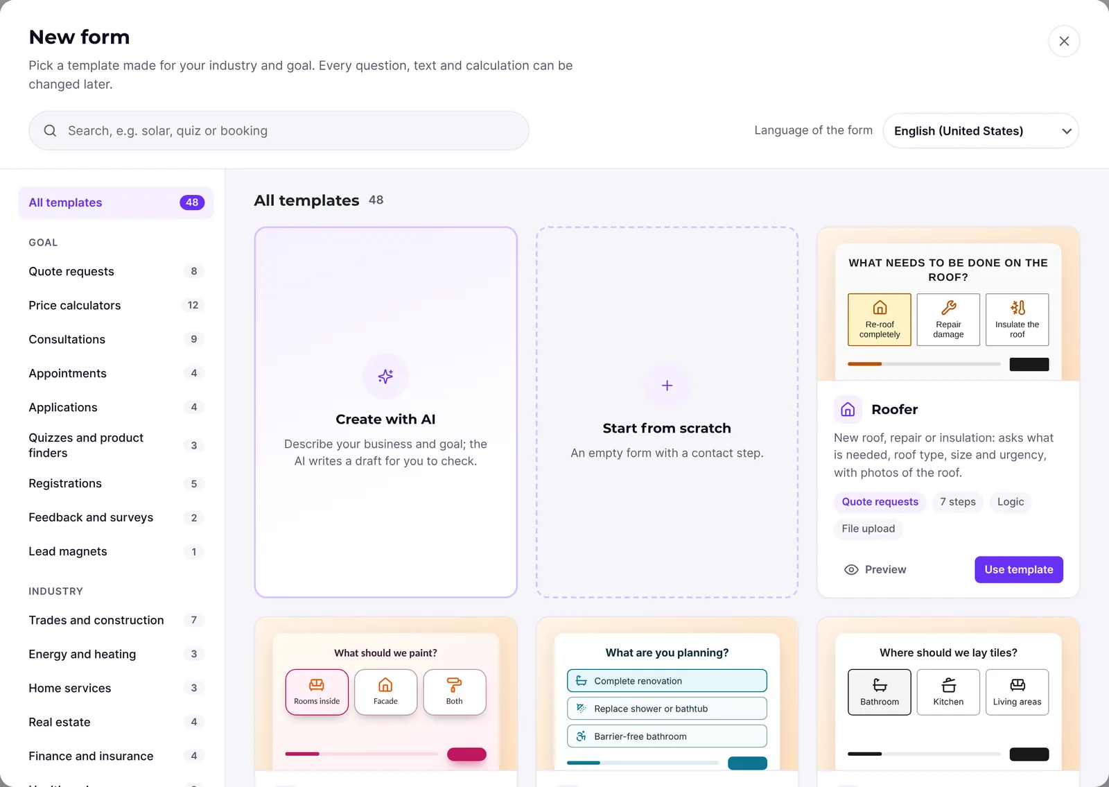 Template gallery with Form language