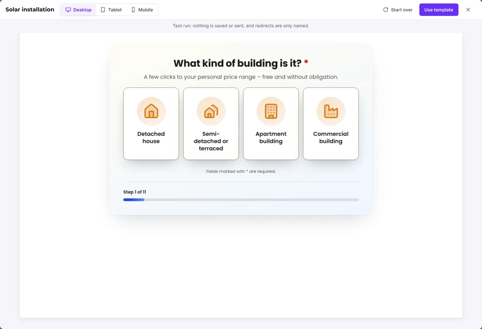 Template preview with desktop, tablet and mobile