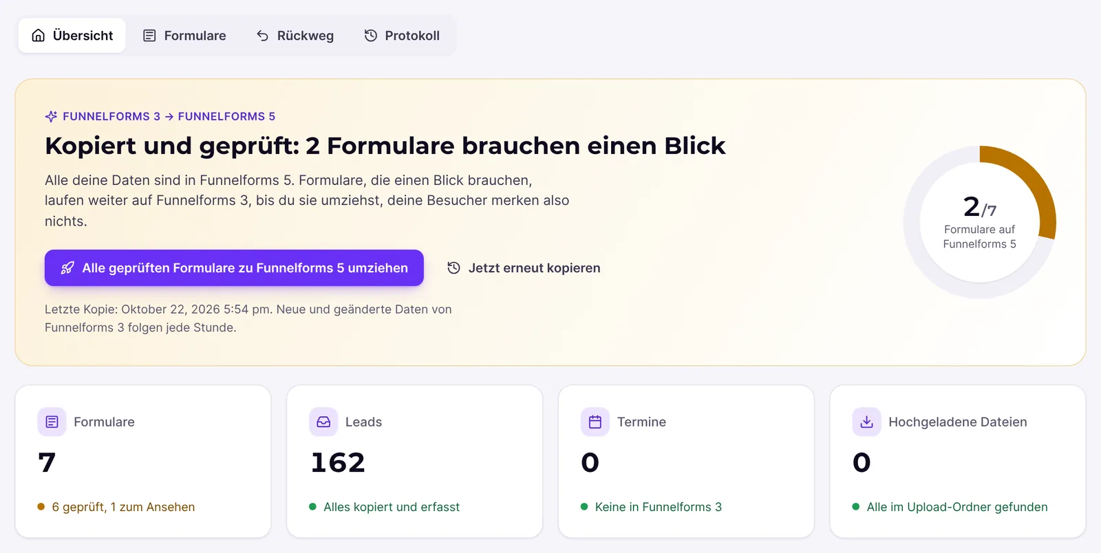 Umzugsseite mit Stand der Formulare